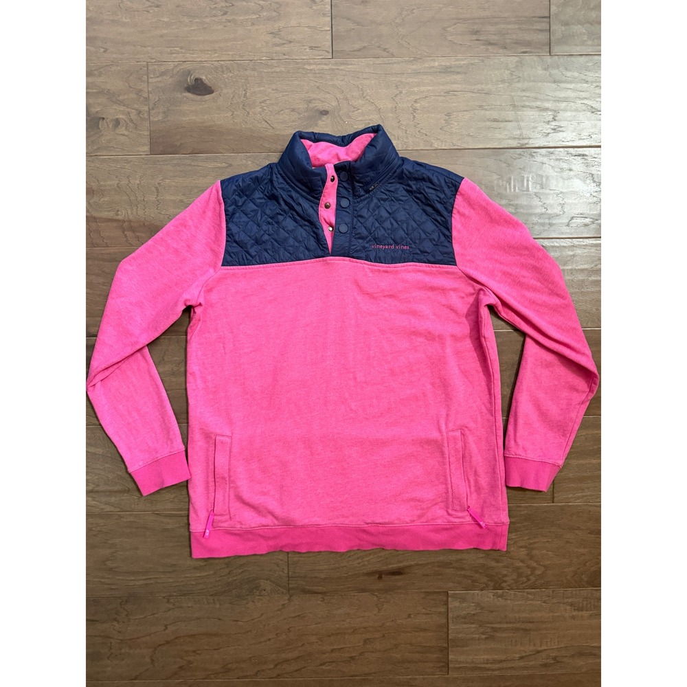 Vineyard Vines Performance Pullover Women L Pink Navy Quilted Snap Hood Active